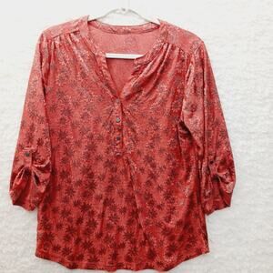 Blouse Floral Rust Boho Sheen Cottagecore Earthtones Romantic Roll Tab Size M